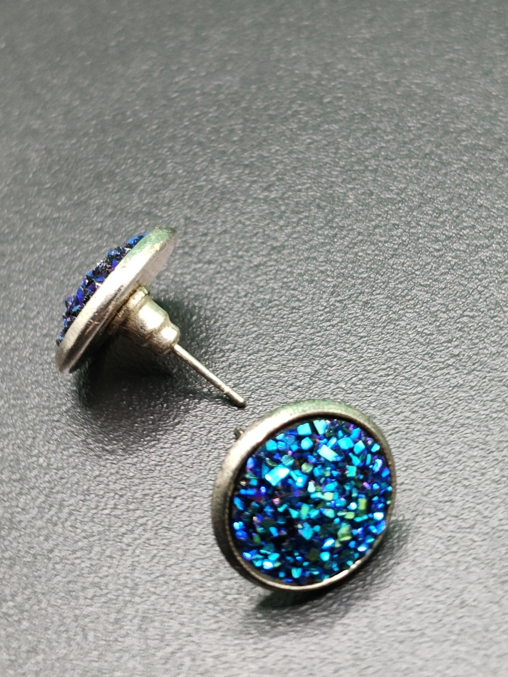 Blue Druzy Round Stud Earrings - Women's Jewelry